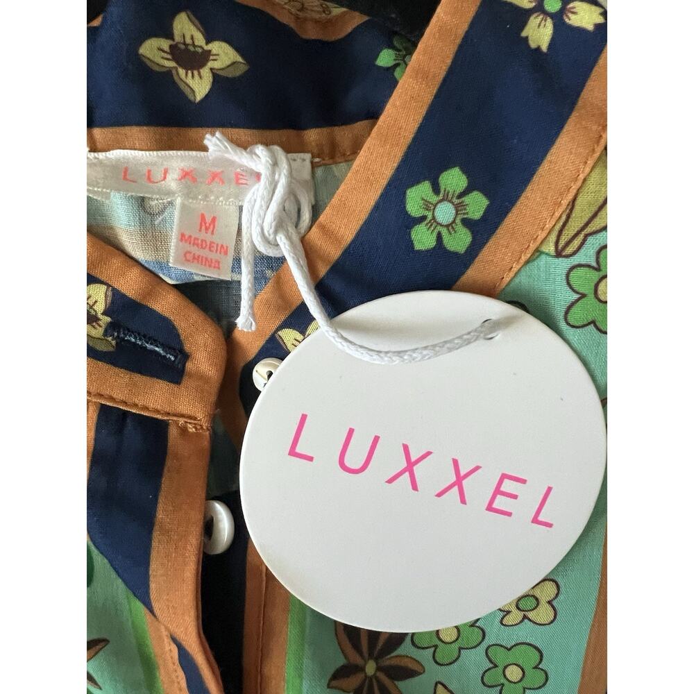 LUXXEL Navy Floral Puff Sleeve Button Front Tiered Maxi Dress Sz M NWT - Picture 12 of 16